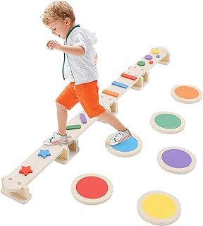 Wooden Balance Beam, Kids Wooden Balance Board Obstacle Course, Toddler Outdoor Indoor Play, Multiple Colors and Shapes Montessori Sensory Toy for Kids Training Coordinat