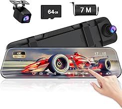 10" 4K Mirror Dash Cam,Touch Screen Smart Rear View Mirror Camera, 4K+1080P Dash Cam Front and Rear, Night Vision, Reverse Assist,Loop Recording, 24H Parking Mode, Included 64GB Card