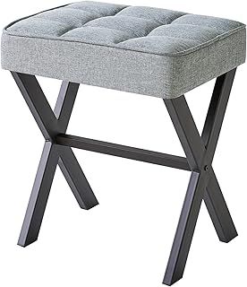 IBUYKE Square Makeup Stool with X-Leg Foot Rest, Linen Footrest Stool, Ottoman Seat Vanity Stool, Multi-Use as Small Side Table, for Bedroom, Living Room, Blue Gray L/G-70L