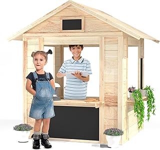 Wooden Playhouse Café Shop, Market Stall Play Shop, Kids Garden Toys, Outdoor Indoor Playhouse for Imaginative Play