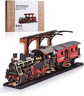 ROWOOD Steam Train 3D Puzzle, Wooden Train Model Kits for Adults to Build, Vintage Construction Craft Model Building Set, DIY Christmas and Birthday Gifts for Men Boys