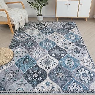 Xfrog Moroccan Washable Rug, 120x170cm Moroccan Trellis Area Rug Non-Slip Bedroom Rug Vintage Printed Carpet Ultra-Thin Throw Blue Rug for Dining Room Office