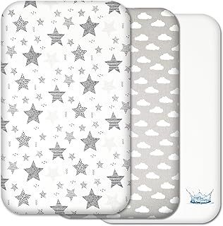 Next to Me Crib Sheets - 3pc Crib Fitted Sheet Set - 2 Fitted Cotton Sheets and 1 Waterproof Mattress Protector for Bedside Cribs - 100% Organic Cotton - Made in Europe (Grey Stars&Clouds, 83x50cm)