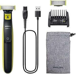Philips OneBlade Face, Authentic Hybrid Electric Beard Trimmer & Shaver. Incl. 1x Original Blade, 1 x Extra Original Blade (8 Month Supply), 5-in-1 Adjustable Comb, 1x Soft Pouch, Model QP2724/30