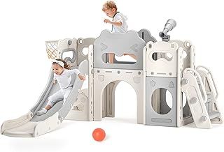 Krovtoy Thickened & Widened Kids Slide,170cm extra-long slideway,Toddler Slide 7 in 1 Freestanding with Basketball Hoop,Toddler Climber,Baby Slide Playground Equipment, Kids Slides Outdoor(Beige Grey)