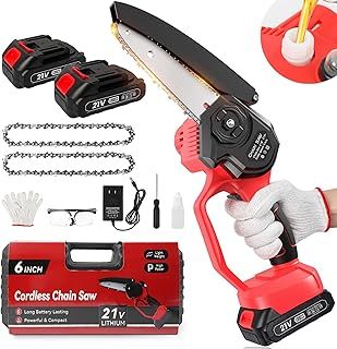 Mini Chainsaw Cordless 6 Inch, Electric Saw with 800W Motor, Tool-Free Installation/Oiling System/Safety Lock, Handheld Electric Chainsaw with 2 * 2000mAh Batteries for Trimming Trees, Cutting Wood