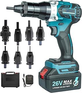 Electric Rivet Nut Gun Set, Automatic Rivet Nut Guns Portable Pulling Blind Riveting Nut Gun Rivet Tools with 26V Battery, Charger, Ideal for M3 M4 M5 M6 M8 M10 M12 Nuts-5200mah