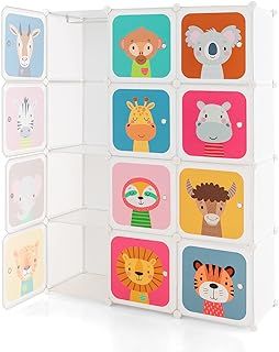 COSTWAY 8/12 Cube Children Clothes Closet, Cartoon Modular Wardrobe with Hanging Sections, Kids Storage Unit for Children Room, Nursery, Bedroom