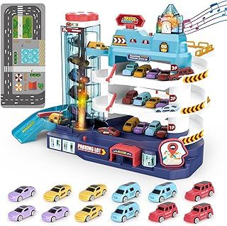 deAO Toy Car Garage Track Set with Music and Light Effects for Kids, 3-story Parking Building with Electric Elevator, Kids' Play Vehicle Garages for 3+ Years Old Boys Girls Christmas Birthday
