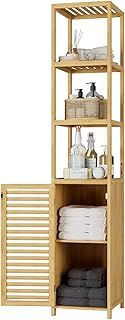 Tall Bathroom Cabinet Bamboo Bathroom Storage Unit Slim Tallboy Freestanding Cupboard with 3 Open Shelves and Door 34x33x169cm Natural