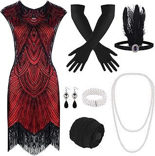 PLULON 1920s Sequin Beaded Fringed Flapper Dress with 20s Accessories Set