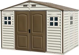 Duramax WoodSide 10 x 8 (8.02 m2) Plastic Garden Shed with 3 Fixed Windows & Metal Foundation Kit, Strong Metal Roof Structure Fire Retardant and Maintenance-Free Storage Shed - Ivory/Brown