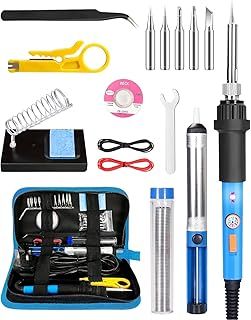 17-in-1 Soldering Iron Kit, 60W Adjustable Temperature 220-480°C, Easy-to-Use, Includes ON/Off Switch, 5 Soldering Tips, Solder Wire, Desoldering Pump, Wrench, Wire Stripper, Stand, Tool Case