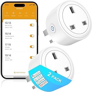 SURFOU Smart Plug WiFi Socket 2 Pack, UK Mini Wireless Timer Plug Works with Amazon Alexa, Google Home and SmartThings, Energy Monitoring, Smart Life App Remote/Voice Control, No Hub Required, 13A