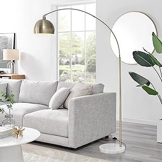 Lighting - Holden Gold Metal Floor Arc Standing Lamp Light (Including Bulb) - Modern Standing Lamp - White Marble, Gold Metal Arched Arm & Lampshade - Elegant & Simple