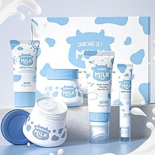Skincare Set, Milk Beauty Gift Sets for Teenage Girls with Cleanser, Day Cream, Night Cream, Eye Cream, Sunscreen, Facial Kits for Women Wife Mom, Deep Hydrating Smoothing 5pcs