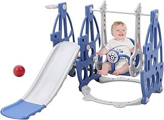 Warmiehomy Slide for Toddlers Age 1-3, Kids Slide with Basketball Hoop, Climber, Storage Box, Indoor Outdoor Baby Child Slide, Graden Playground Slide Set, Birthday Gift for Age 1 2 3 Year Boys Girls