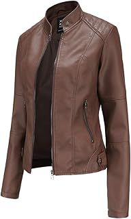 Hiser Womens Leather Jacket with Zip Pockets, PU Leather Slim fit Zip Up Moto Jacket Bomber Jacket