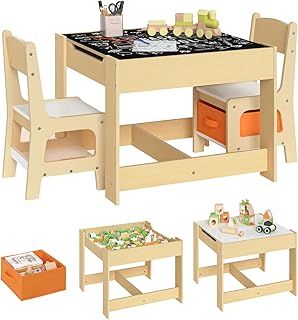 WOLTU Set of 3, Children’s Table with 2 Chairs, Wooden Kids' Table and Chair Set for Preschoolers, Nursery, Boys and Girls, Play Table Chair Set, Natural Wood Colour