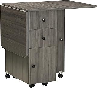 HOMCOM Folding Dining Table for 4-6, Rolling Drop Leaf Table on Wheels with Storage Drawers, Cabinet and Open Shelf for Kitchen, Dining Room, Grey
