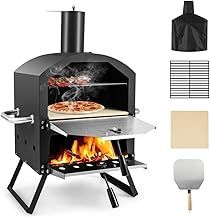 TANGZON Outdoor Pizza Oven, 2 Tier Wood-fired Pizza Maker with Waterproof Cover, Cooking Grill and Pizza Stone, Outdoor Garden Patio BBQ Pizza Cooker for Meat, Fish and Veg