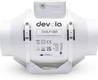 Devola Inline Mixed Flow 100 mm Bathroom Fan, 4 Inch Extractor Fan With Timer For Kitchen & Bathroom, Made in Britain