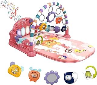 derimkcoa Baby Play Mat Baby Gym,Funny Play Piano Tummy Time Baby Activity Mat with 5 Infant Sensory Baby Toys, Music and Lights Boy & Girl Gifts for Newborn Baby 0 to 3 6 9 12 Months (Pink Tiger)