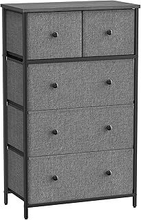 SONGMICS Chest of Drawers, Fabric 5-Drawer Storage Organiser Unit, Dresser, for Living Room, Hallway, Nursery, Grey and Black with Wood Grain LTS514G22