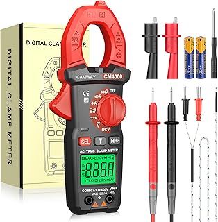 CAMWAY Clamp Meter TRMS 4000 Counts 600A AC Current AC/DC Voltage NCV Non-Contact Voltage Continuity Resistance Diode Hz Test Clamp Multimeter with Test Leads Alligator Clips Screwdriver