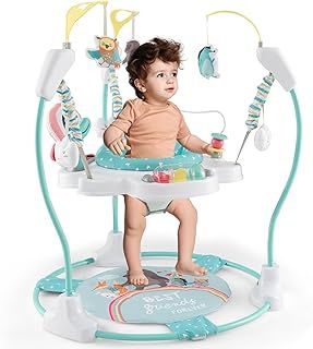 Maxmass Baby Activity Jumperoo, Height Adjustable Toddler Bouncer with 9 Interactive Toys, 360° Rotating Seat, Music, Lights&Sounds, Infant Play Center for 6 Months+, 87x87x94cm (Lake Blue)