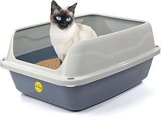 Big Open Cat Litter Tray Box Grey Pan 56cm Plastic Large Toilet Extra Deep Anti-Spillage Non-Leaking Kittens Cats Loo Detachable High Rim Rounded Corners Easy Access Safe Durable