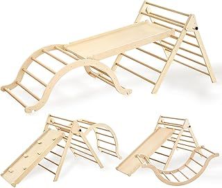 Giant bean Large Foldable Pikler Triangle Set with Sliding Ramp & Climbing Arch Ramp, 5-in-1 Wooden Toddler Climbing Toys Indoor,Playground Jungle Gym for Kids Age 2-6, Montessori Climbing Set