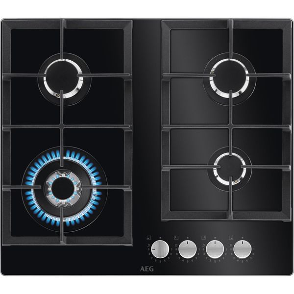 AEG 6000 Series Gas Hob HKB64420NB, 60cm, 4 Cooking Zones, Gas on Glass Hob, Step Power, Speed and WOK Burner, Cast Iron Pan Supports, Integrated Ignition, Automatic Switch Off, 40x560x480mm, Black