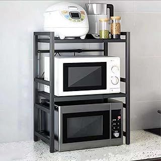 Dripex 3 Tiers Expandable Microwave Oven Rack for Kitchen Pots Pans Rice Cooker, Carbon Steel Kitchen Shelf with 6 Hooks Black