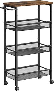 VASAGLE 4-Shelf Trolley, Space-Saving Kitchen Cart with Castors, Steel Frame, Handle, Trolley for Small Spaces, Kitchen Bathroom Living Room Studio, Rustic Brown and Black LRC033B01