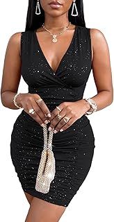 GORGLITTER Women's Rhinestone Ruched Sexy Bodycon Mini Dress Deep V Sleeveless Summer Tank Dresses