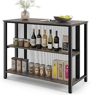 COSTWAY 2-in-1 Bar Table, 3-Tier Bar Cabinet Unit with Open Shelves & Adjustable Foot Pads, Metal Breakfast Kitchen Island Table for Home Pub Bistro (Grey)
