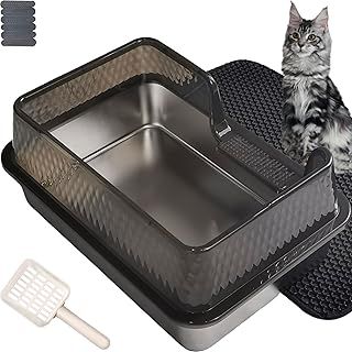 Stainless Steel Cat Litter Box with Lid for All Cats Extra Large Cat Litter Trays with 10cm Anti-Splash High Wall Sided Enclosure Cats Litter Tray (50x35x20 cm) (Transparent)