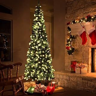 7.5FT Pre-Lit Christmas Tree, Slim Artificial Xmas Tree with Warm LED Lights and Foldable Metal Stand, Traditional Holiday Decoration for Home Office Shop (7.5FT)