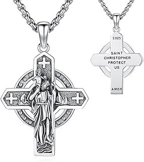 Eusense St Christopher/Saint Michael/Crucifix/Saint Jude Thaddeus/Saint Raphael/Seven Archangels/St Benedict/Virgin Mary Necklace 925 Silver Patron Pendant Religious Jewellery Catholic Medal Protection Amulet for Men Women