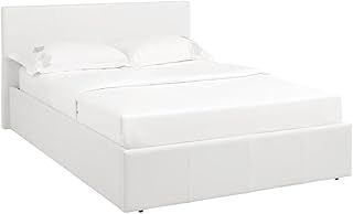 LUNA - UK 4FT Small Double Gas Lift Up Ottoman Storage Faux Leather Space Saving Bedframe (H:88.5cm x W: 138cm x L: 203cm) (White)
