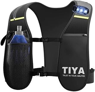 TIYA Hydration Running Vest with Water Bottle & Safety Light - Waterproof Phone Holder Vest, Lightweight, Hi Vis Reflective Runners Gear for Women & Men - Adjustable - 5 Pockets - Black