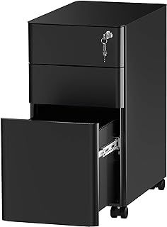 YITAHOME Metal File Cabinet with 3 Lockable Drawers, Mobile Filing Cabinet for Home Office, Under Desk File Office Drawers for Letter/Legal/A4, Fully Assembled, Black, 30 x 46 x 59cm