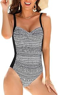 WIN.MAX One Piece Swimming Costume Tummy Control Swimsuit Ruched Padded Swimwear, Plus Size Bathing Suits for Women Vintage Push Up Monokinis,for C to DD Cup