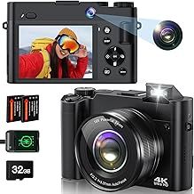 4K 64MP Autofocus Dual Camera for Photography, Compact Digital Camera with 32GB Card, 2 Batteries, Flash, 16X Digital Zoom, Anti-Shake for Beginners