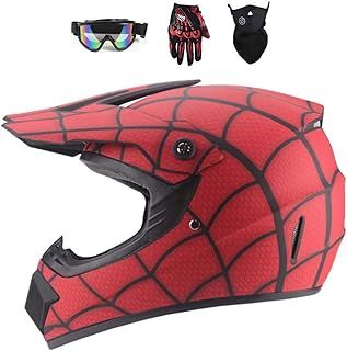 Full Face MTB Helmet ,Red/Black Web Children and adults Motocross Helmet Set with Goggles Mask Gloves, for Downhill MX AVT Dirt moto Bike (S)