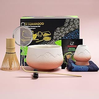 TEANAGOO Matcha Set (7pcs) Matcha Whisk Mtacha Kit Matcha Bowl Bamboo Matcha Whisk (Chasen) Scoop (chashaku) Whisk Holder. N25, Gradient Pink White, Matcha