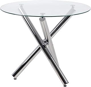 Round Dining Table, 90 cm Glass Safe Table Top with Chrome Stylish Stable Table Legs,Kitchen Table