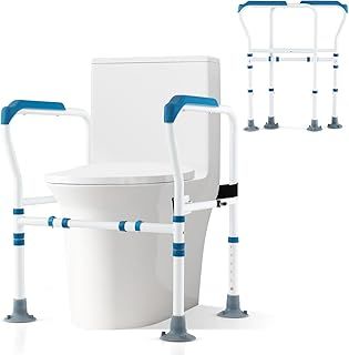 COSTWAY Foldable Toilet Safety Frame, Height & Width Adjustable Toilet Handrail Support Aids with Fixed Strap, Non-Slip Bathroom Toilet Frame Safety Rails Stand for Eldery, Handicap and Disabled