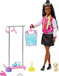 Barbie “Brooklyn” Stylist Doll & 14 Accessories Playset, Wardrobe Theme with Puppy & Clothing Rack, HNK96